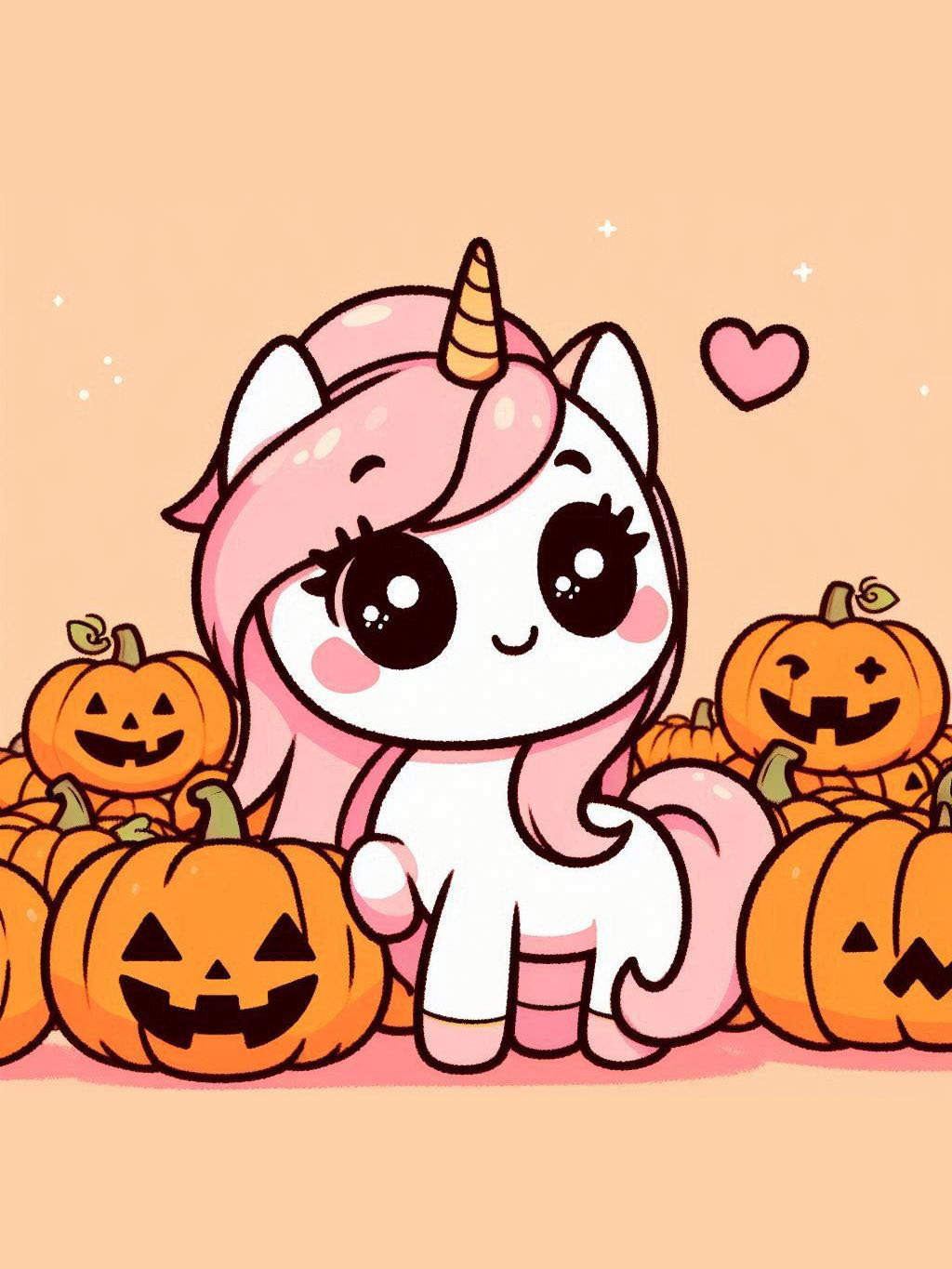 Halloween unicorn illustration ideas featuring a cute unicorn with a pink mane surrounded by cheerful jack-o'-lanterns in a pumpkin patch.